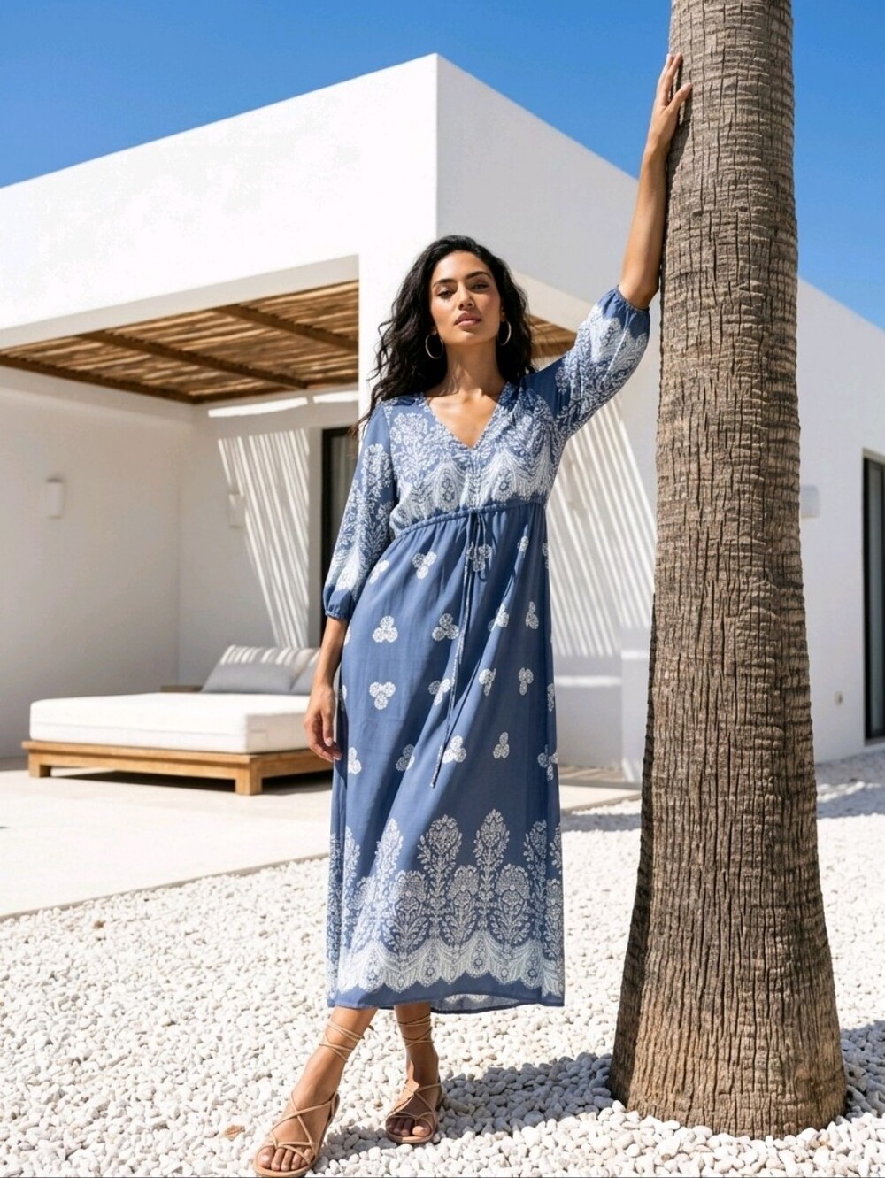 White Birch Blue and White Long 3/4 Sleeve Dress